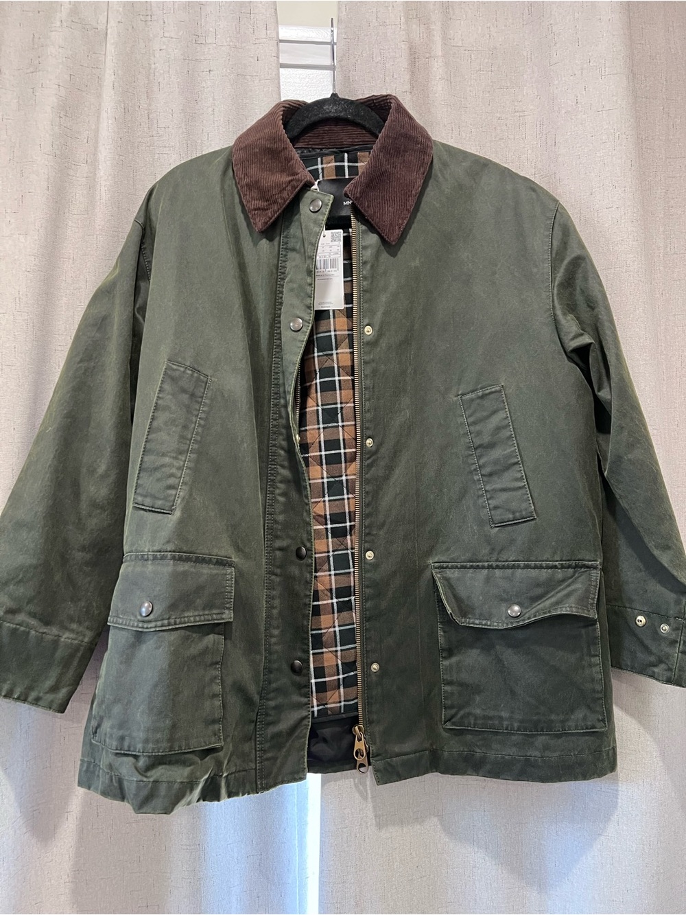 Mango Olive Green Field Jacket with Brown Corduroy Collar
